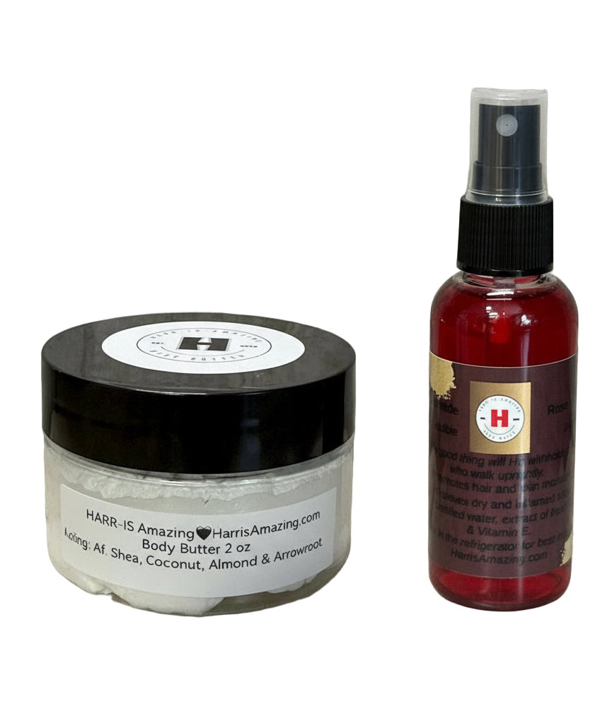 TRAVEL SIZE COMBO BODY - 2oz Body Butter + 2oz Rose Water/Hydrosol. *MUST REFRIGERATE ROSE WATER.