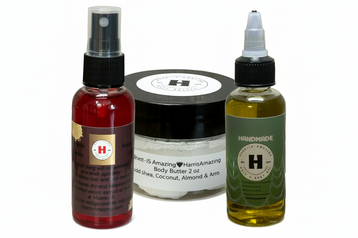 TRAVEL SIZE TRIO VARIETY PACKAGE - 2oz Rose Water/Hydrosol + 2oz Body Butter + 2oz Oil Blend for Hair & Body. *MUST REFRIGERATE ROSE WATER.