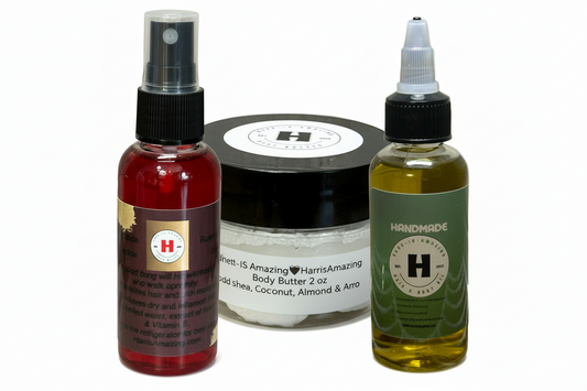 TRAVEL SIZE TRIO VARIETY PACKAGE - 2oz Rose Water/Hydrosol + 2oz Body Butter + 2oz Oil Blend for Hair & Body. *MUST REFRIGERATE ROSE WATER.