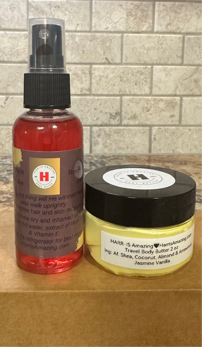 TRAVEL SIZE COMBO BODY BUTTER & ROSE WATER PACKAGE - 2oz Rose Water + 2oz Body Butter.