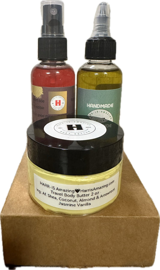 TRAVEL SIZE TRIO VARIETY PACKAGE - 2oz Rose Water + 2oz Body Butter + 2oz Oil Blend